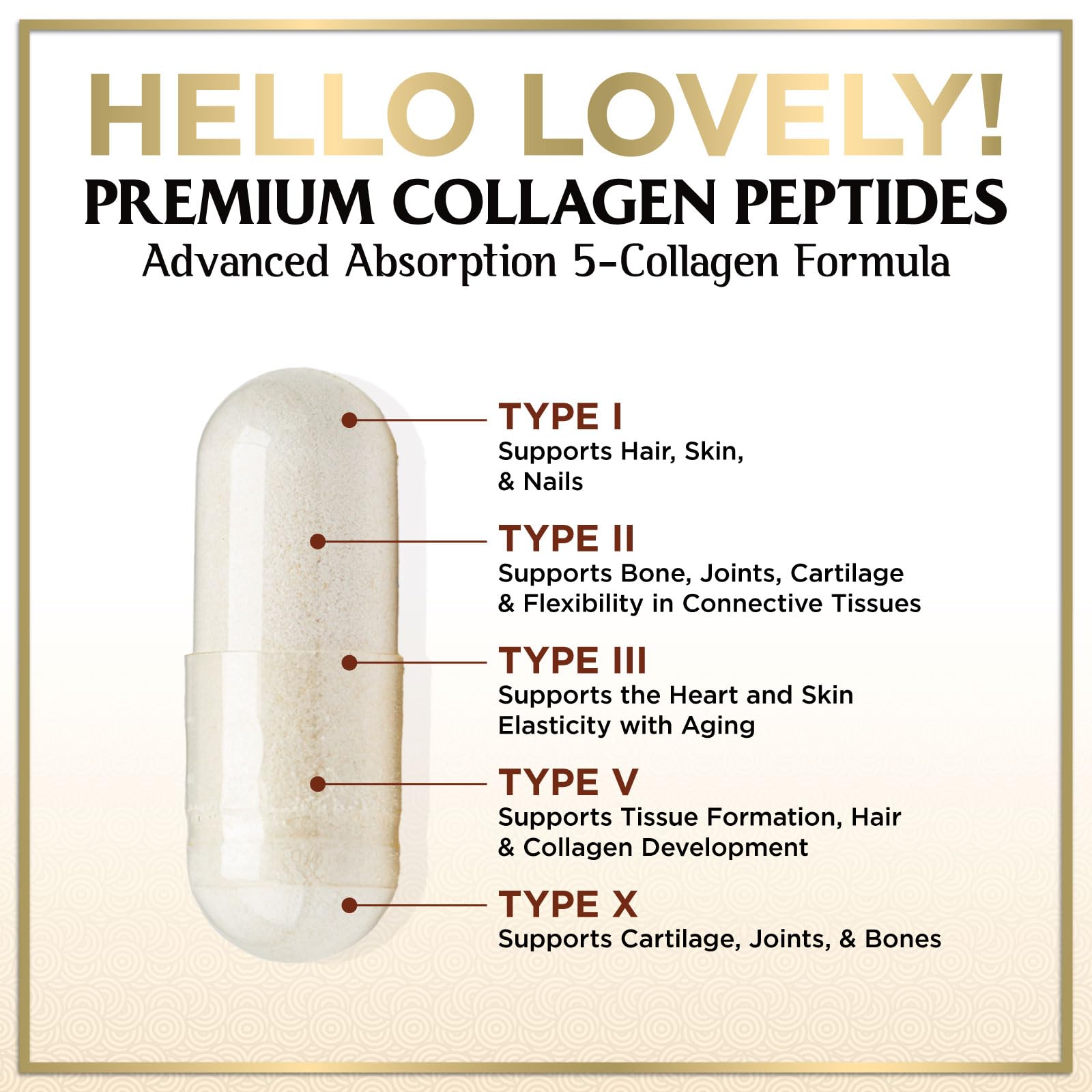 Multi Collagen Peptides for Women & Men - 2400mg per Serving - Best Hydrolyzed Collagen Complex with Type I, II, III, V, X - Hair, Skin, Nails & Joint Support Supplement - Bottled USA - 60 Capsules Hello Lovely! buy supplements Au