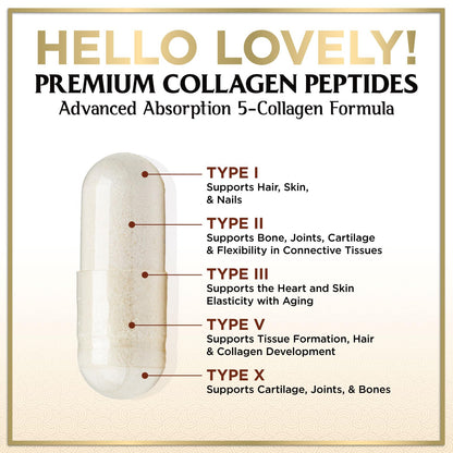 Multi Collagen Peptides for Women & Men - 2400mg per Serving - Best Hydrolyzed Collagen Complex with Type I, II, III, V, X - Hair, Skin, Nails & Joint Support Supplement - Bottled USA - 60 Capsules Hello Lovely! buy supplements Au