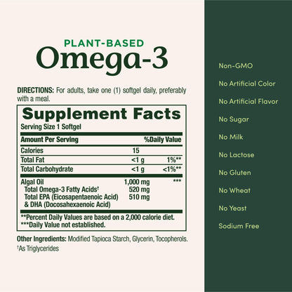 Nature's Bounty Omega 3, Plant-Based Omega 3 Fatty Acid Supplement, 520mg, Supports Whole Body Health Including Heart, Skin, Joint