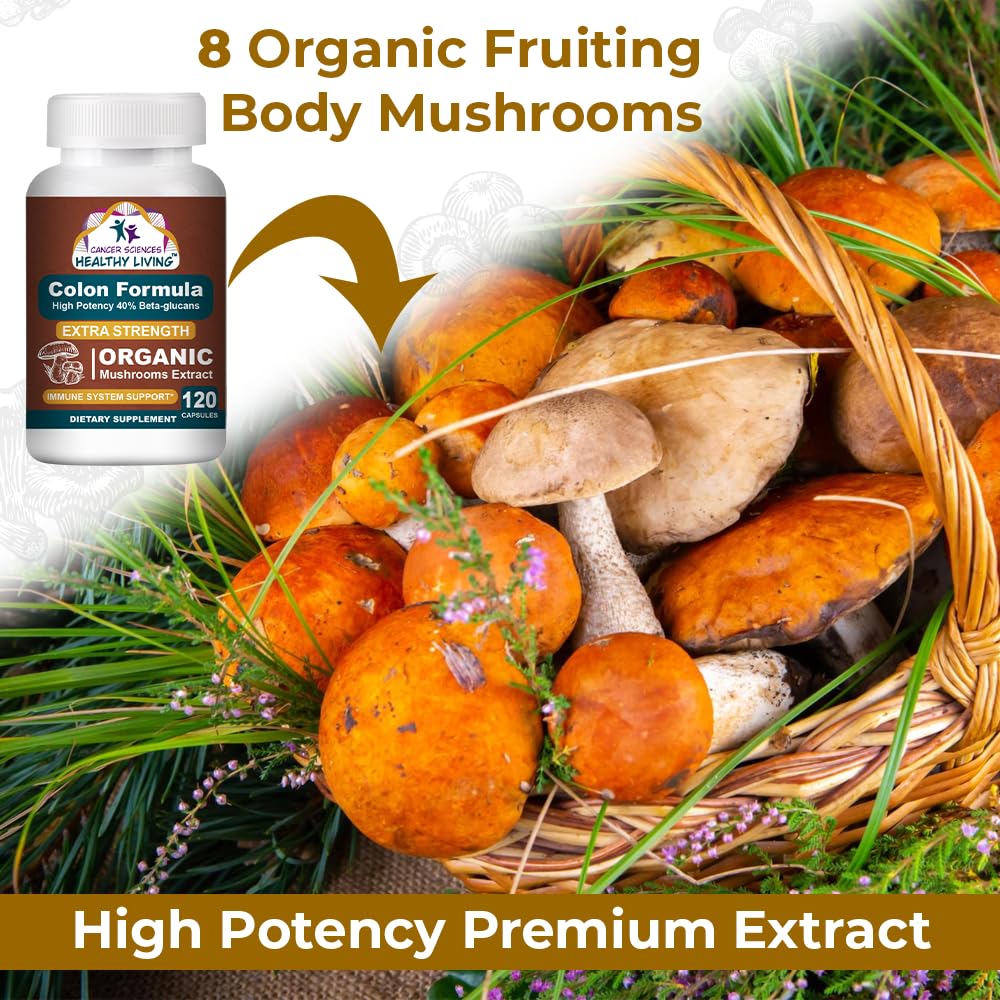 Colon Wellness Supplement, USDA Certified Organic Mushrooms Extract, Extra Strength 1,500 mg, High Potency 40% Beta-Glucans, Immune, Gut & Digestive, Colon Cleanse & Detox, 120 Caps