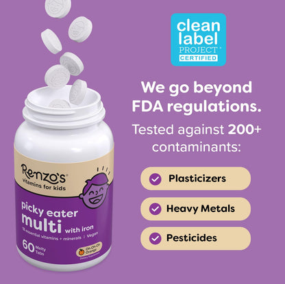 Renzo's Picky Eater Kids Multivitamin with Iron - Dissolvable Kids Vitamins with Iron, Zinc, Vitamin C, Vitamin D, E & K, Sugar-Free Melty Tabs, Orange Flavor