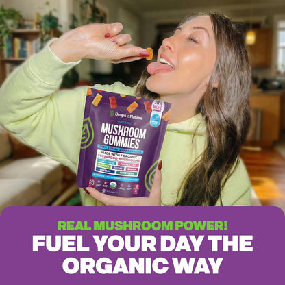 Drops Of Nature Lions Mane & Ashwagandha Gummies – Turkey Tail, Maitake, Reishi, Chaga, Shiitake, Cordyceps – Organic, Low Carb Superfood Gummies