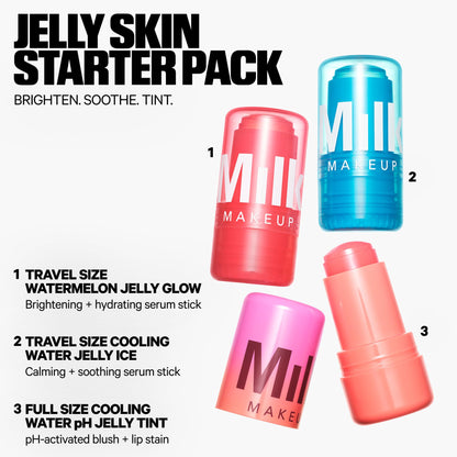 Milk Makeup Skincare Jelly Gift Set – Hydrating + Brightening Face Serums and Blush + Lip Stain in pH-Adaptive Pink – Two Full Size Serum Sticks .21oz + Travel-Friendly Jelly Tint (pHreeze) .17oz