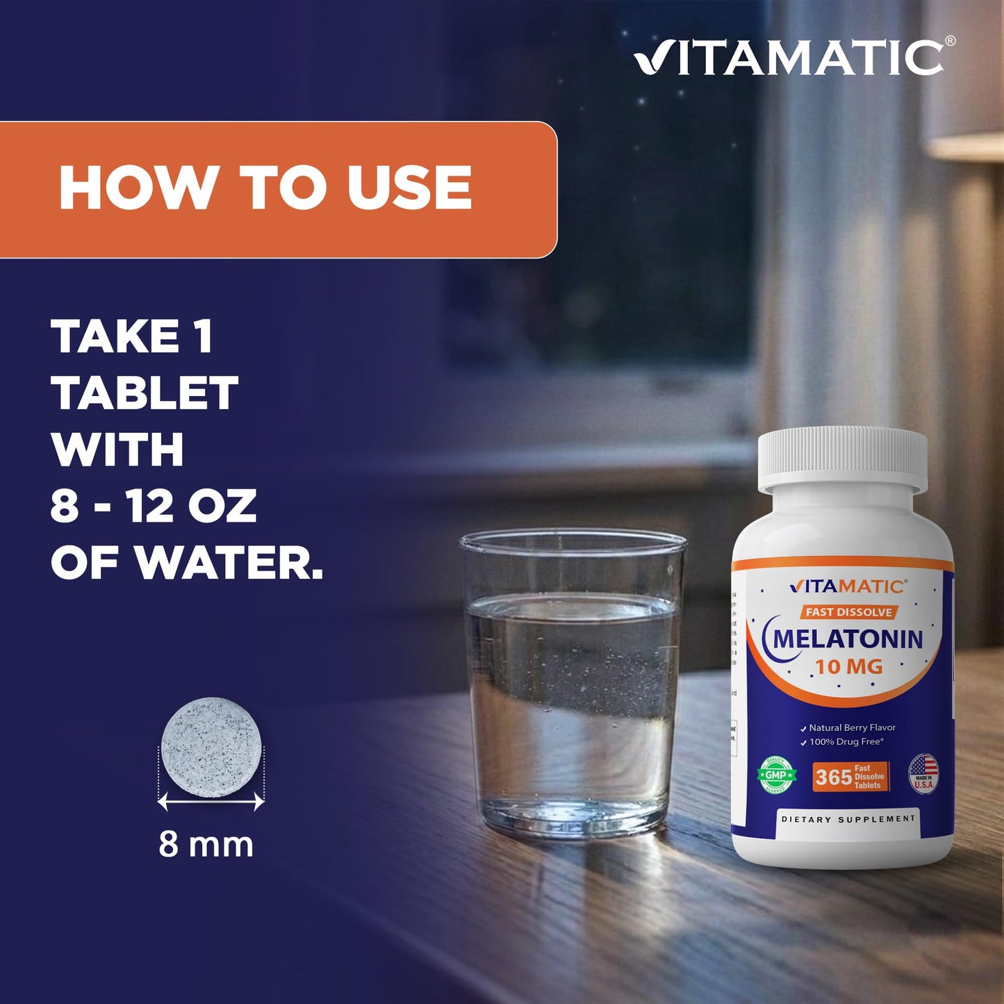 Vitamatic Melatonin 10 mg Fast Dissolve Tablets – Quick-Dissolving Sleep Support Supplement for Adults – Vegetarian, Non-GMO & Gluten-Free