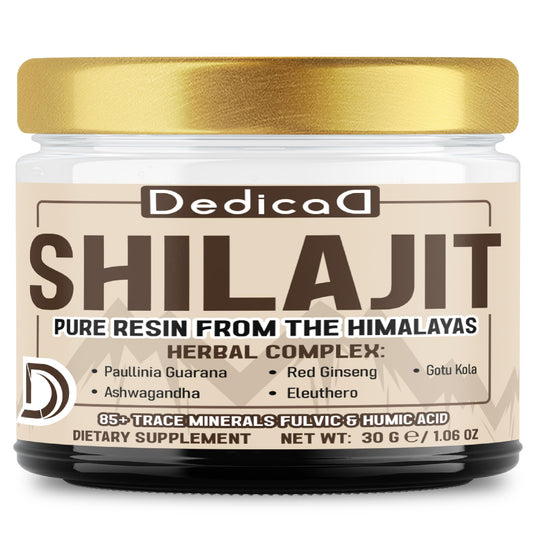 Jar of Dedica Shilajit with gold lid on a white background