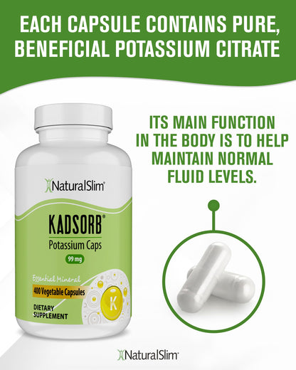 NaturalSlim Natural Potassium Citrate Gluconate 99 mg - Kadsorb Supports Electrolyte Balance & Normal pH - Absorbable Potassium Supplements
