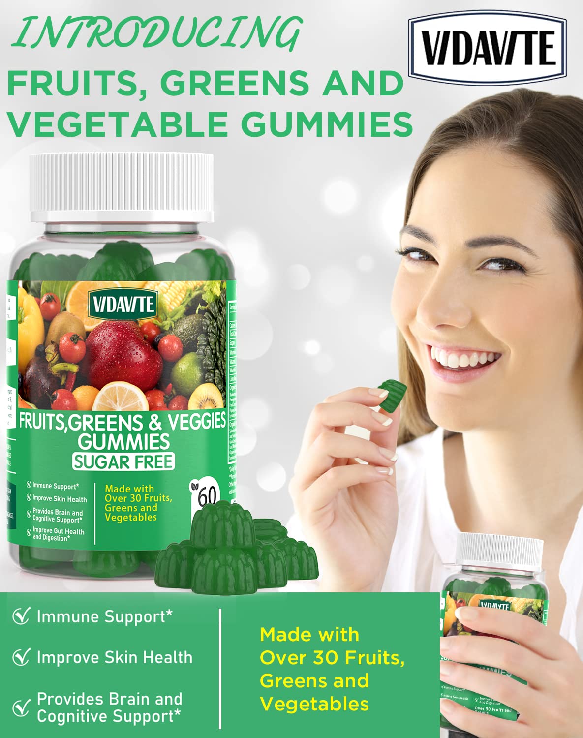 VIDAVITE Sugar-free Super Greens Gummies — US-Made, 35+ Fruit and Veggie gummies to Boost Immunity, Skin & Gut Health — Ideal Fruits and Vegetables Supplement for Adults & Picky Teens (30-Days Supply) VIDAVITEBuy Supplements Australia