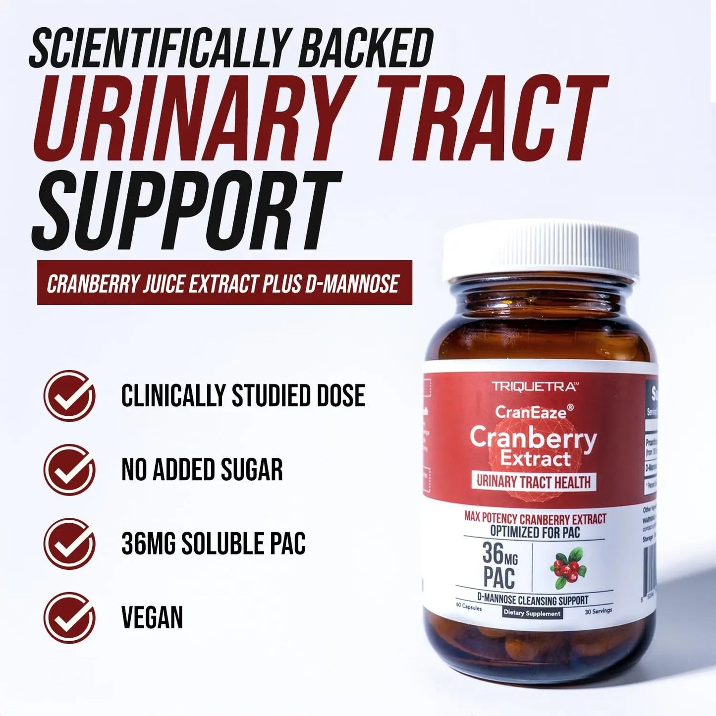 CranEaze®: Cranberry Juice Extract Plus D-Mannose – 36 mg PAC, 100% Soluble PAC - Supports Urinary Tract Health – Most Effective Cranberry Pills for Women, UTI Cranberry Supplement - 60 Capsules Triquetra HealthBuy Supplements Australia