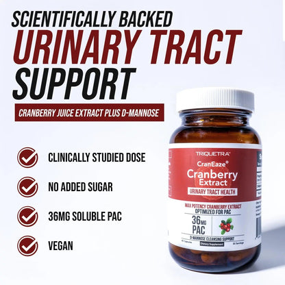 CranEaze®: Cranberry Juice Extract Plus D-Mannose – 36 mg PAC, 100% Soluble PAC - Supports Urinary Tract Health – Most Effective Cranberry Pills for Women, UTI Cranberry Supplement - 60 Capsules Triquetra HealthBuy Supplements Australia