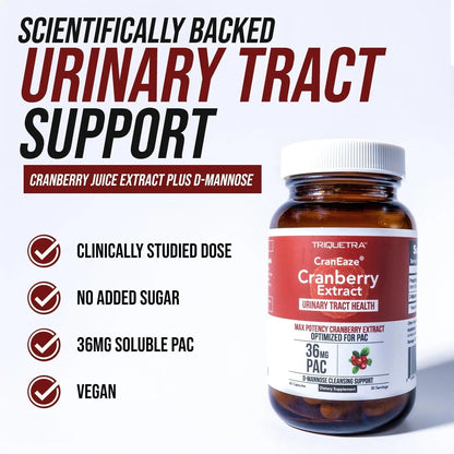 CranEaze®: Cranberry Juice Extract Plus D-Mannose – 36 mg PAC, 100% Soluble PAC - Supports Urinary Tract Health – Most Effective Cranberry Pills for Women, UTI Cranberry Supplement - 60 Capsules Triquetra HealthBuy Supplements Australia
