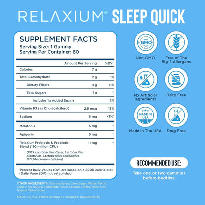Relaxium SleepQuick Gummies - Sleep Aid + Gut Health & Immune Support, 5 mg Melatonin, Vitamin D-3 + Prebiotic & Probiotic Blend