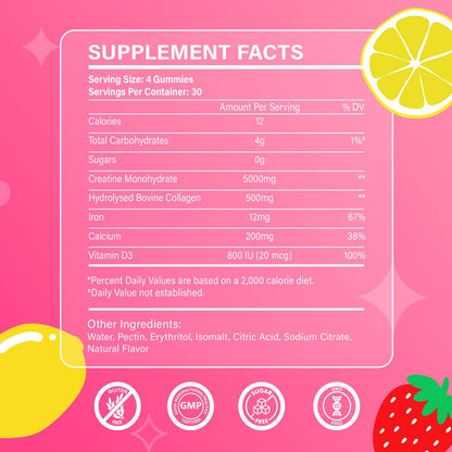 Creatine for Women, Creatine Monohydrate Gummies with Collagen, Vitamin D3 & Calcium for Muscles, Booty & Energy, Flavored Sugar Free Creatine Gummies Post