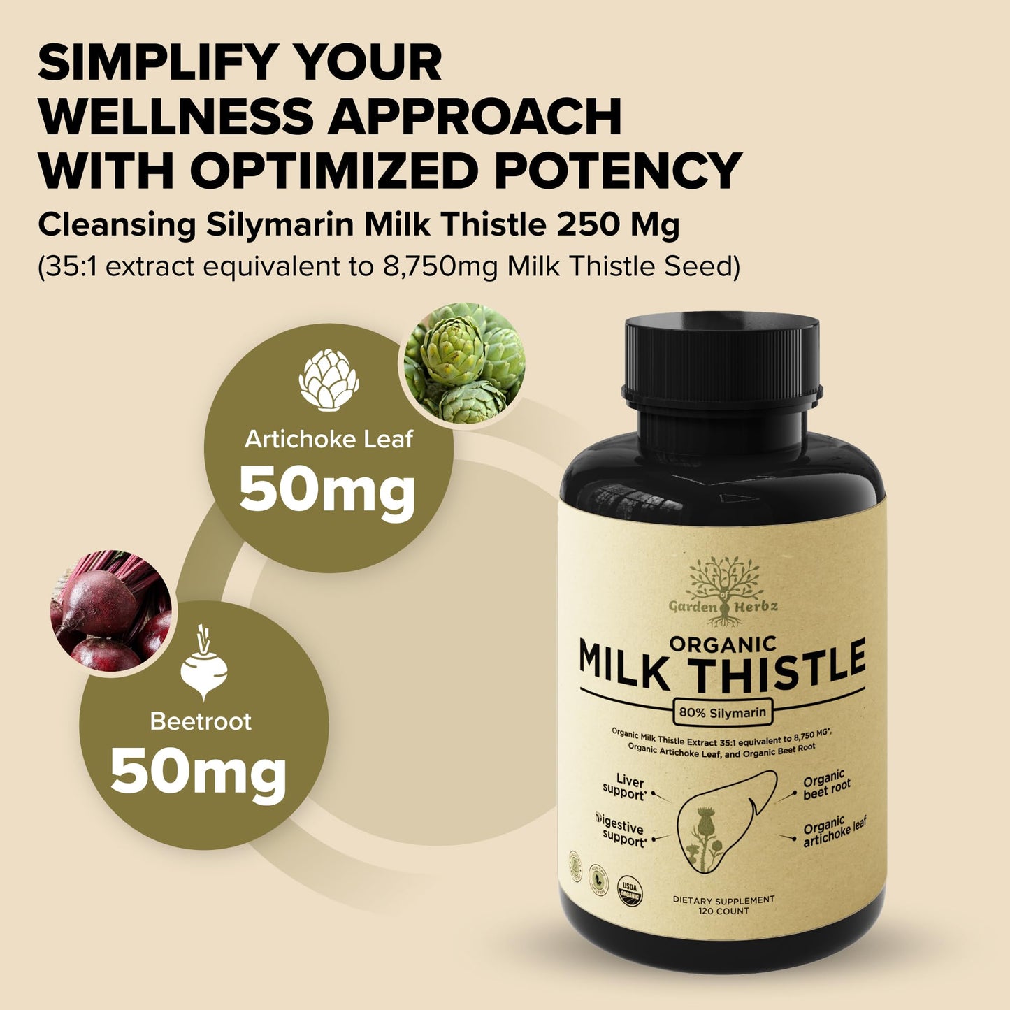 Garden of Herbz USDA Organic Milk Thistle Liver Detox Supplement 80% Silymarin, 250 mg with Beet Root & Artichoke Extract for Liver Support & Digestion,