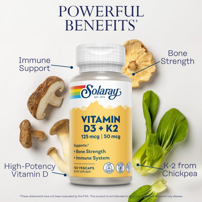 SOLARAY Vitamin D3 K2 - Bone Health and Immune Support Supplement - With 5000 IU Vitamin D as Vit D3 and 50 mcg Vitamin K2 as Menoquinone MK7, Made Without Soy