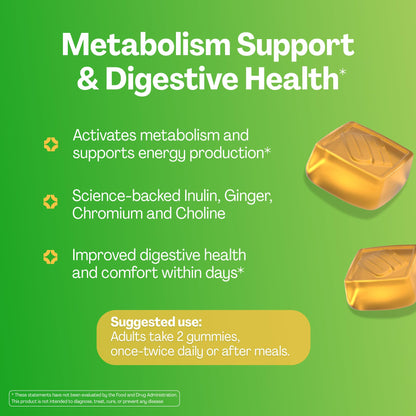 URVI® Metabolism Support Gummies 4-in-1 – Chromium Picolinate, Choline, Inulin & Ginger Extract - Prebiotic Fiber & Minerals – Gut Health & Digestive Support – Sugar-Free – Ginger-Lemon Flavor, 60pcs URVIBuy Supplements Australia