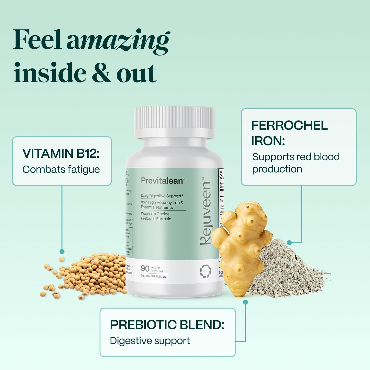 Rejuveen Previtalean | Prebiotic Fiber Supplement for Women | Supports Gut Health & Red Blood Cell Production | Contains Highly Bioavailable Iron