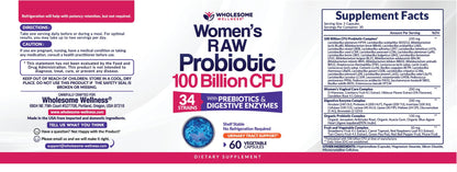 Wholesome Wellness Dr. Formulated Raw Probiotics for Women 100 Billion CFUs Capsules with Prebiotics, Digestive Enzymes, Approved for Adults, Shelf Stable Supplement Wholesome Wellness buy supplements Au