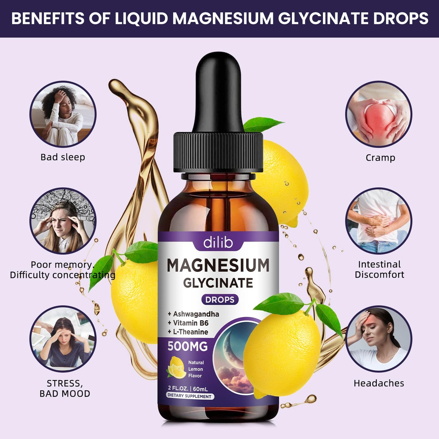 Magnesium Glycinate Supplement, Magnesium Liquid Drops with Magnesium Glycinate 500mg Vitamin B6, Ashwagandha, L - Theanine, Chamomile -Support Stress Relief, Bone, Muscle, Mood Vegan dilibBuy Supplements Australia