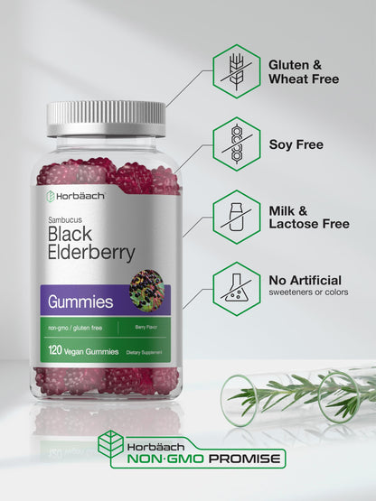 Horbaach Black Elderberry Gummies | 120 Count | Sambucus Extract | with Zinc and Vitamin C | Berry Flavor | Vegan, Non-GMO