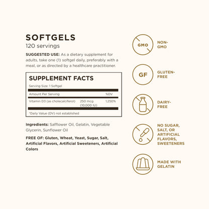 Solgar Vitamin D3 (Cholecalciferol) 250 MCG (10,000 IU), 120 Softgels - Helps Maintain Healthy Bones & Teeth - Immune System Support