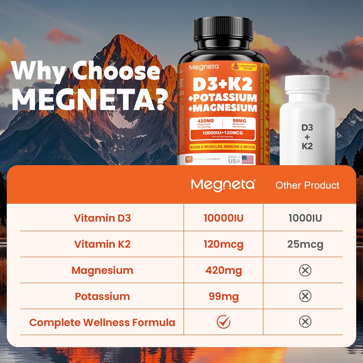 Vitamin D3 K2 (MK-7) 10,000 IU with Magnesium Glycinate & Potassium Supplement - Systemic Complex for Bone, Muscle, Heart, Immune, Energy & Sleep Support – High Absorption, 60 Capsules
