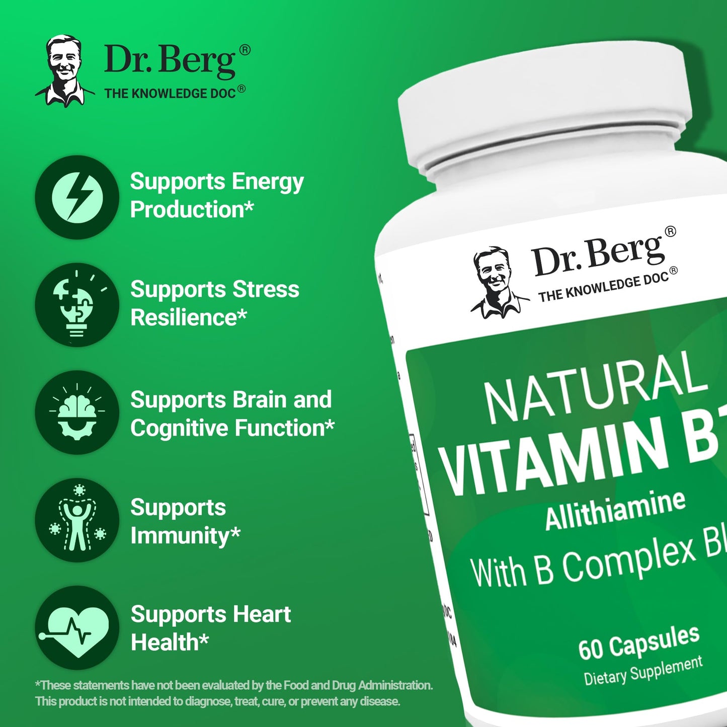 Dr. Berg Natural Vitamin B1 B6 B12 Complex - Allithiamine Vitamin B1 Supplement with 8 Essential Vitamin B Complex for Men & Women Including Thiamin