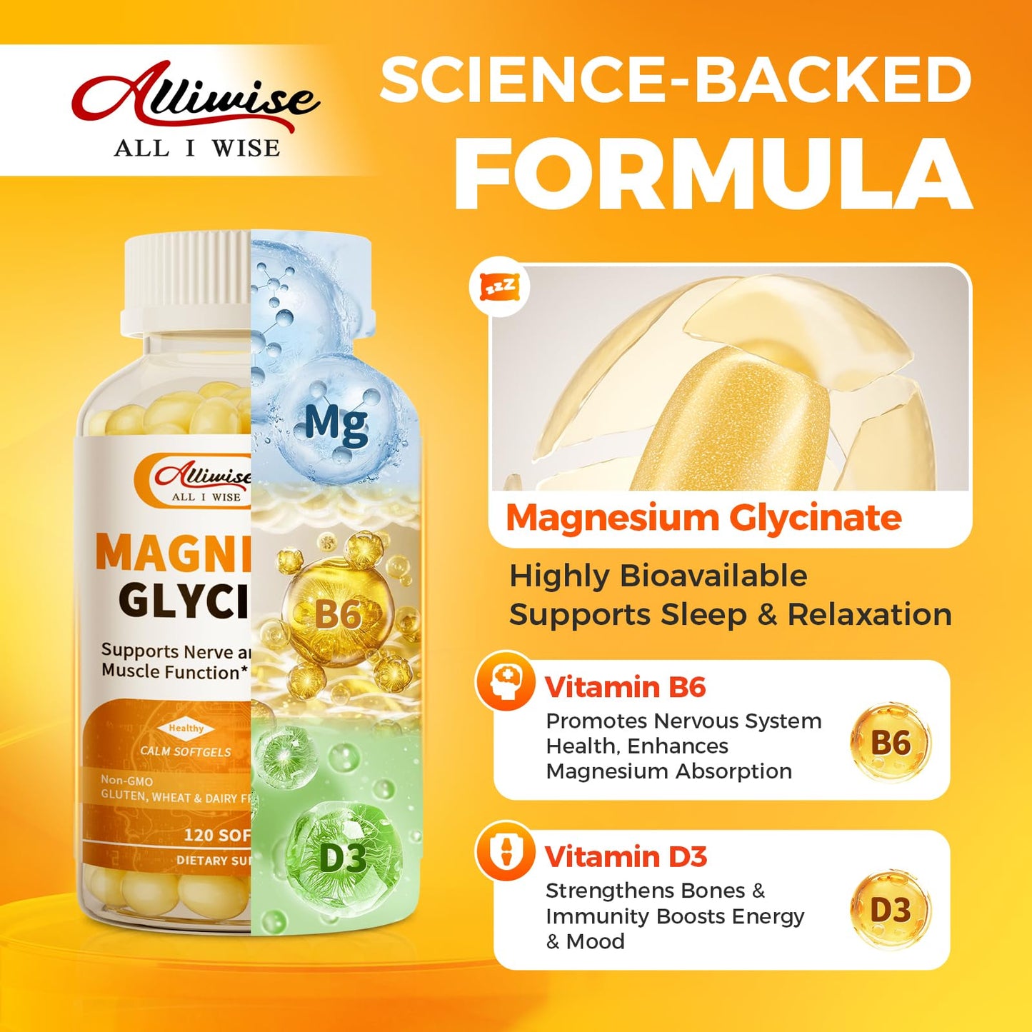 Magnesium Glycinate 400mg Softgels with Vitamin D3 & B6,Small Easy to Swallow Gel Caps,High Absorption, Gentle on Stomach,Supports Sleep, Muscle & Calm,Bone Health,120 Softgels AlliwiseBuy Supplements Australia