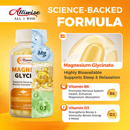 Magnesium Glycinate 400mg Softgels with Vitamin D3 & B6,Small Easy to Swallow Gel Caps,High Absorption, Gentle on Stomach,Supports Sleep, Muscle & Calm,Bone Health,120 Softgels AlliwiseBuy Supplements Australia