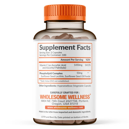 Wholesome Wellness Liposomal Vitamin C Capsules (200 Pills 1500mg Buffered) High Absorption, Immune System & Collagen Booster, High Dose Fat Soluble Immunity
