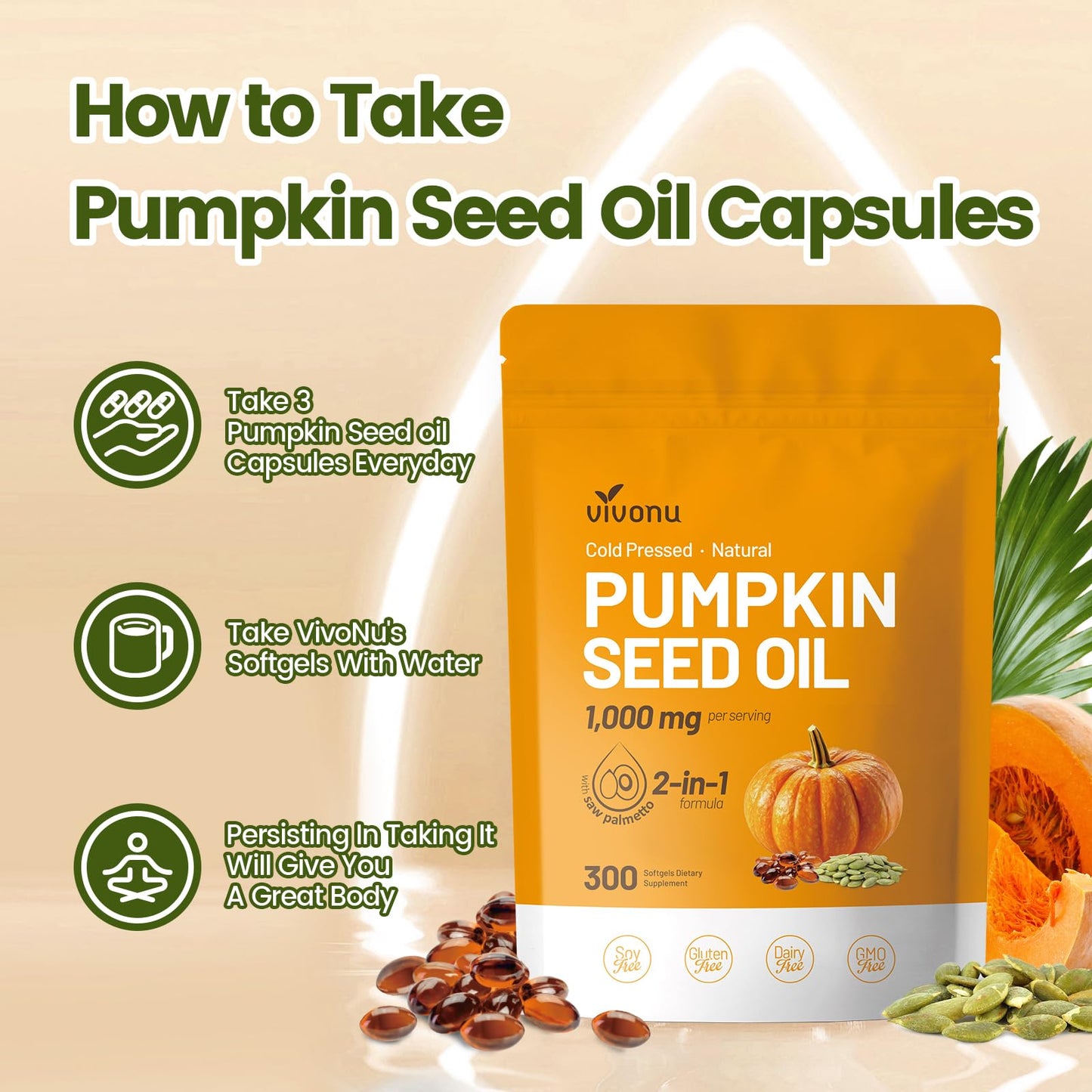 VivoNu Pumpkin Seed Oil with Saw Palmetto Capsules | Cold Pressed, Pure Virgin Oil, Essential Fatty Acids & Phytosterols | 300 SoftgelsSupports Hair, Urinary