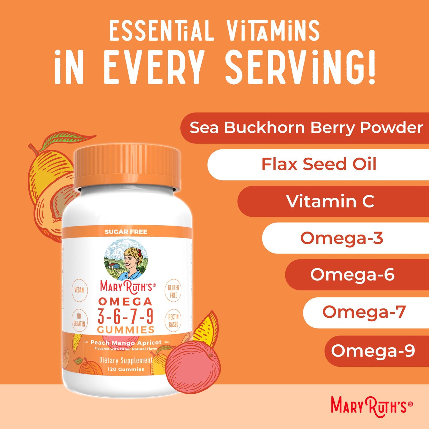 MaryRuth Organics Vegan Omega 3 6 7 9 Gummies | Up to 4 Month Supply | Omega 3 Supplement with Flaxseed Oil | Omega 3 Gummies