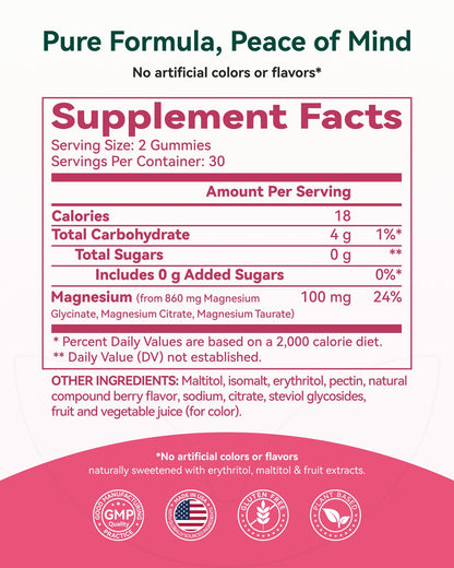 Magnesium Glycinate Plus Gummies 860mg, Sugar-Free, Non-GMO, Gluten-Free, Magnesium Gummies for Adults & Kids, Sleep