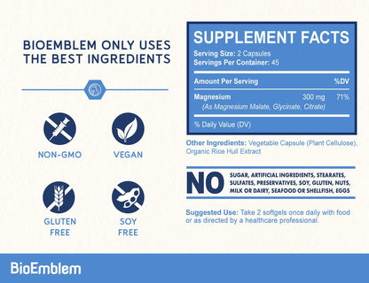 BioEmblem Triple Magnesium Complex | 300mg Magnesium Glycinate, Malate & Citrate | High Absorption Chelated Formula | Vegan, Non-GMO, Gluten-Free | 90 Capsules BioEmblemBuy Supplements Australia