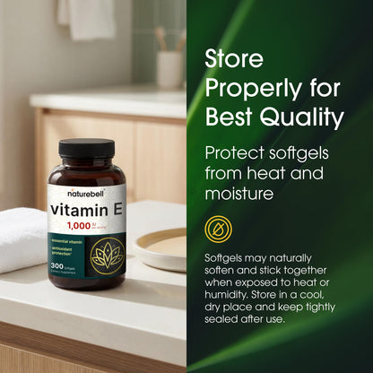 NatureBell Vitamin E 1,000 IU Per Serving - 300 Softgels - Antioxidant Supplement for Skin, Heart & Brain Health Support