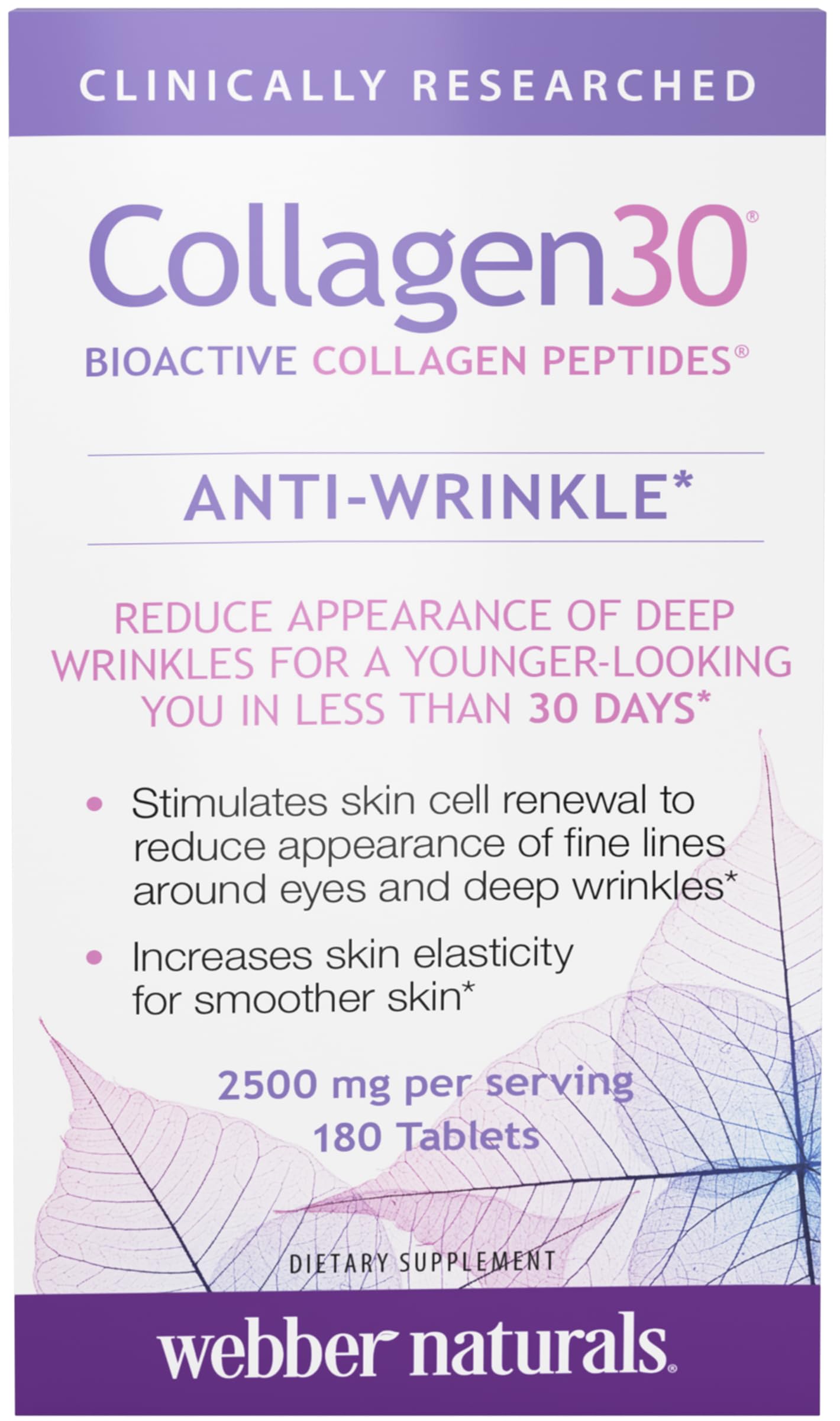 Webber Naturals Collagen30 Anti-Wrinkle, 2,500mg of Bioactive Collagen Peptides Per Serving (3 Tablets), 180 Tablets, Helps Reduce Deep Wrinkles, Fine Lines, Non GMO, Dairy, Gluten Free Webber Naturals buy supplements Au
