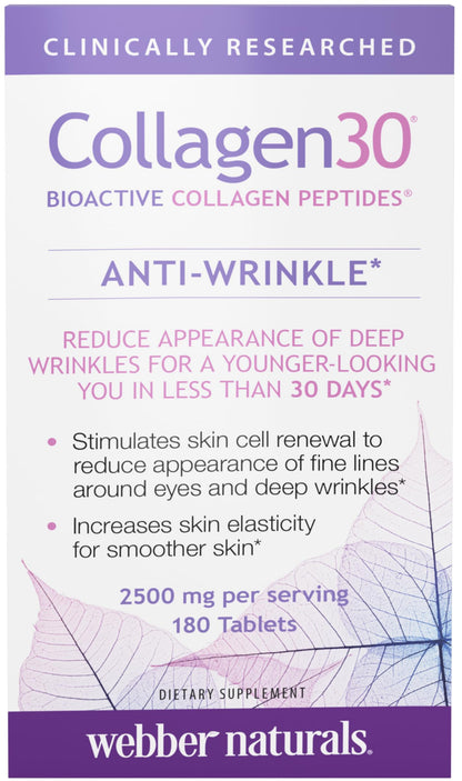 Webber Naturals Collagen30 Anti-Wrinkle, 2,500mg of Bioactive Collagen Peptides Per Serving (3 Tablets), 180 Tablets, Helps Reduce Deep Wrinkles, Fine Lines, Non GMO, Dairy, Gluten Free Webber Naturals buy supplements Au