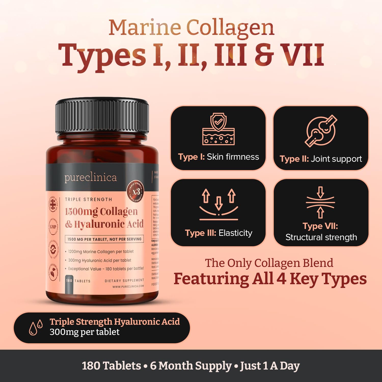 pureclinica 1500mg UltraColl Collagen (1200mg) and Hyaluronic Acid (300mg) x 180 Tablets - 6 Months Supply pureclinica buy supplements Au
