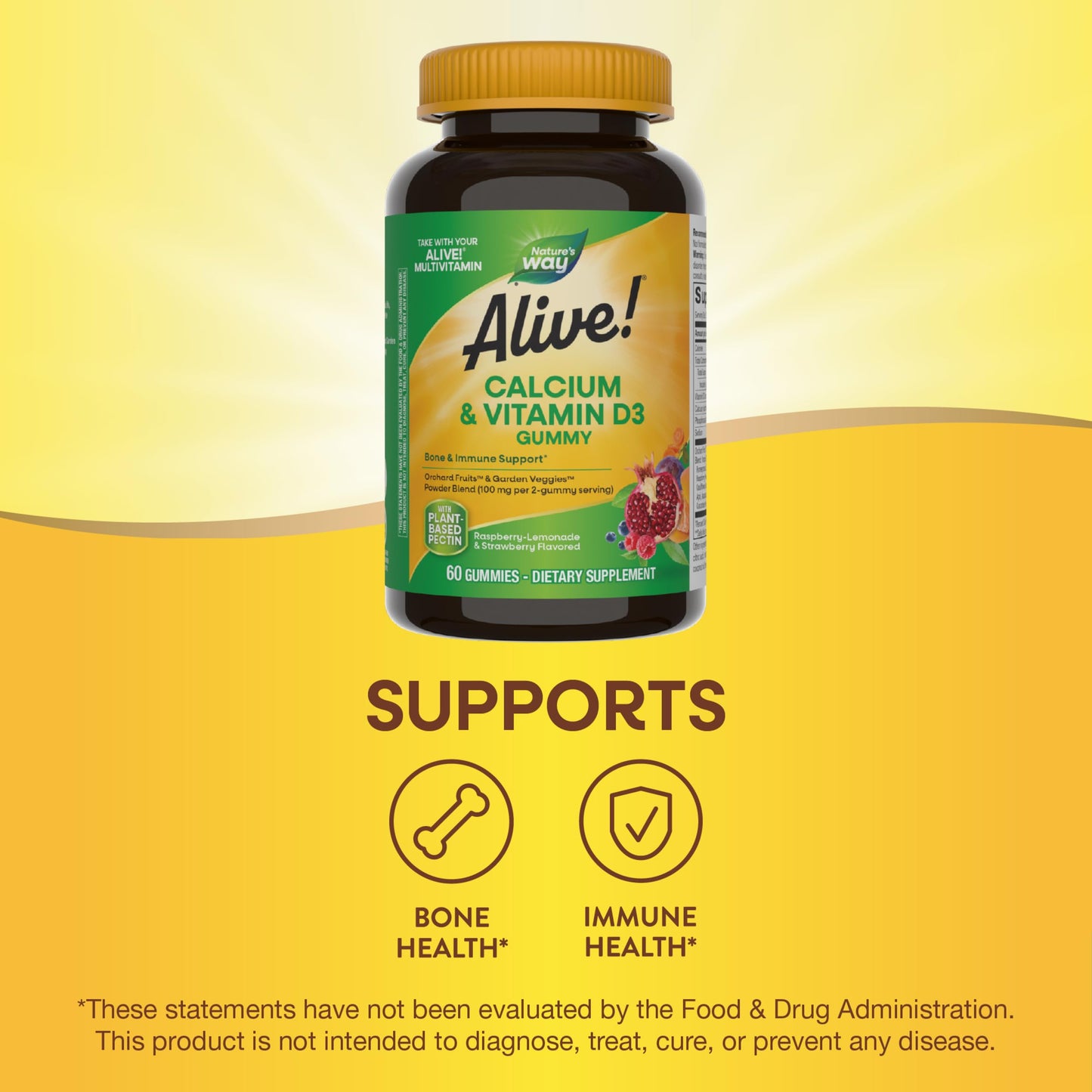 Nature’s Way Alive! Chewable Calcium Gummies with Vitamin D3, Daily Supplement Supports Healthy Bones and Teeth, and Muscle Function*, Strawberry and Raspberry