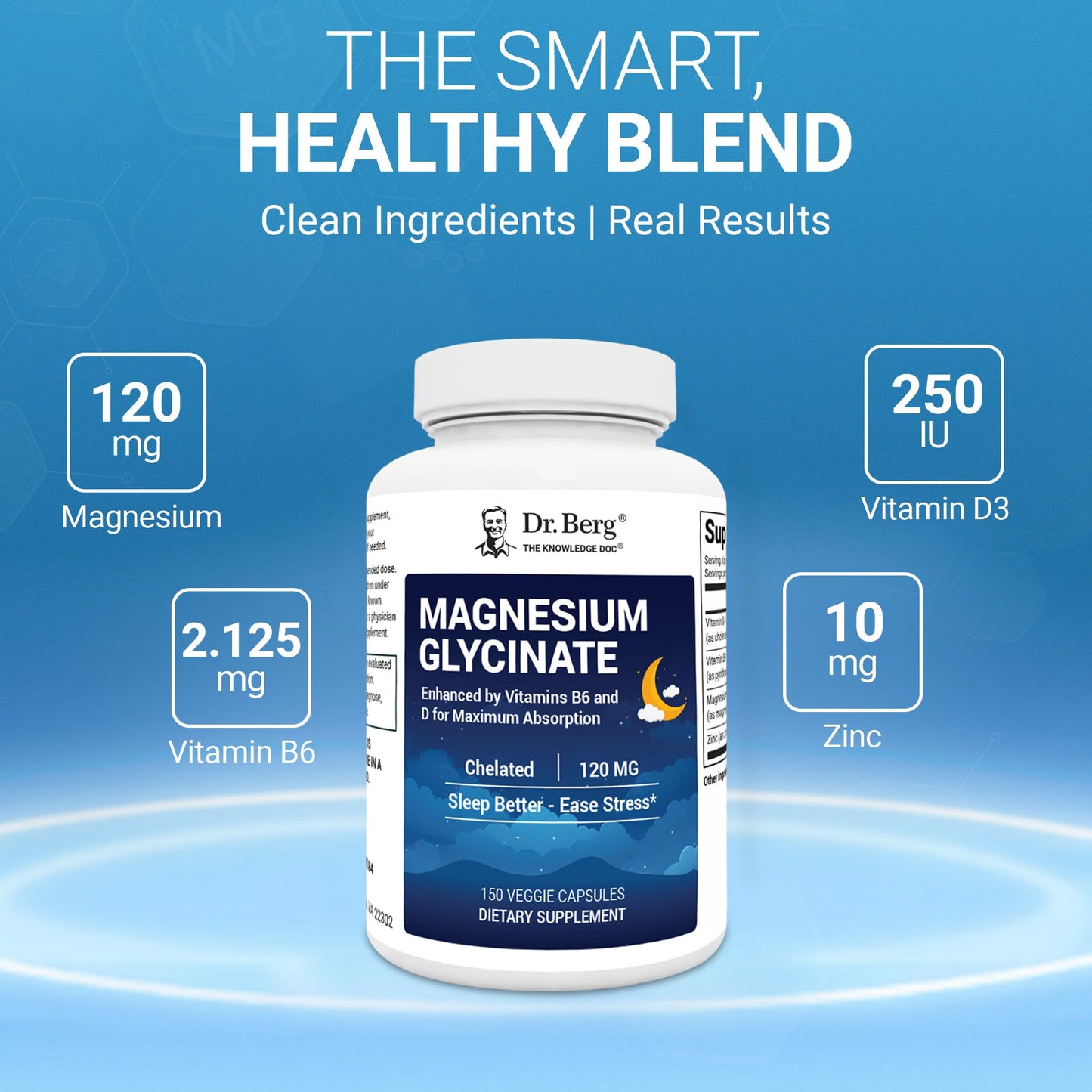 Dr. Berg Magnesium Glycinate 150ct – 4-in-1 Chelated for Muscle, Nerve, Sleep & Stress Support*– w/ D3, B6 & Zinc – 4X Lab-Tested