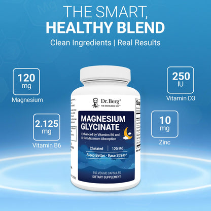 Dr. Berg Magnesium Glycinate 150ct – 4-in-1 Chelated for Muscle, Nerve, Sleep & Stress Support*– w/ D3, B6 & Zinc – 4X Lab-Tested
