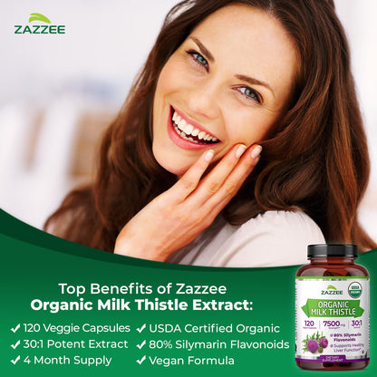 Zazzee USDA Organic Milk Thistle 30:1 Extract, 80% Silymarin, 120 Vegan Capsules, 4 Month Supply, Certified Kosher, High Potency Liver & Antioxidant Support