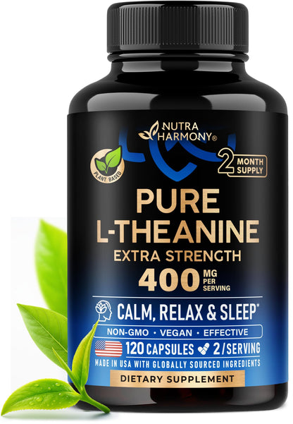 L Theanine 400 mg | L-Theanine Stress Relief | Extra Strength Supplement | Made in USA | Relaxation, Sleep & Calm Support | For Men & Women | Plant Based