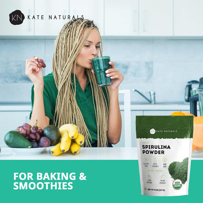 Kate Naturals Organic Spirulina Powder for Immune Support and Antioxidants. Nutrient Dense Superfood Supplement