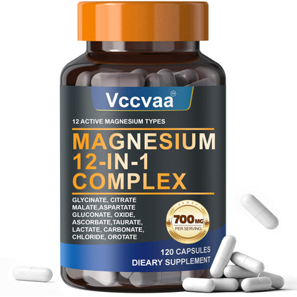 Magnesium Complex 700mg – 12-in-1 Magnesium Supplement with Glycinate, Citrate, Malate, Oxide, Taurate & More – High Absorption for Muscle, Heart, Sleep, Bone, Nerve Support –120 Capsules (1 Pack) Vccvaa buy supplements Au