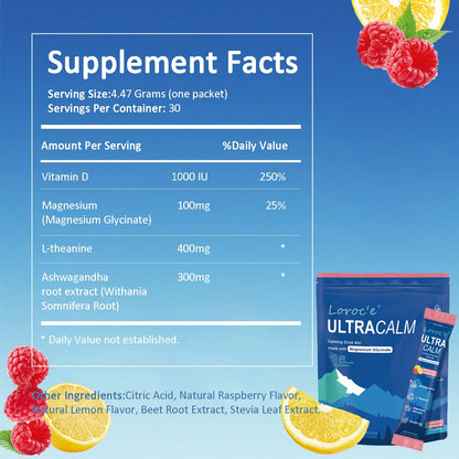 Loroc'e UltraCalm Super Cortisol Reducer Drink, Magnesium Glycinate (30 Servings), L-theanine, Ashwagandha, Vitamin D, No Sugar,
