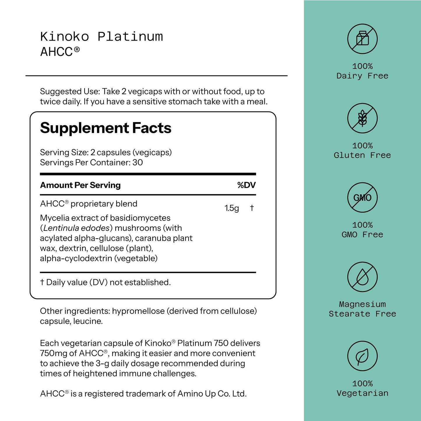Quality of Life Premium Kinoko Platinum AHCC Herbal Supplement, 750mg per Capsule, for Immune Support, Liver Function, Maintains Natural Killer Cell Activity