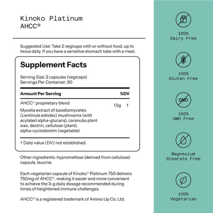 Quality of Life Premium Kinoko Platinum AHCC Herbal Supplement, 750mg per Capsule, for Immune Support, Liver Function, Maintains Natural Killer Cell Activity