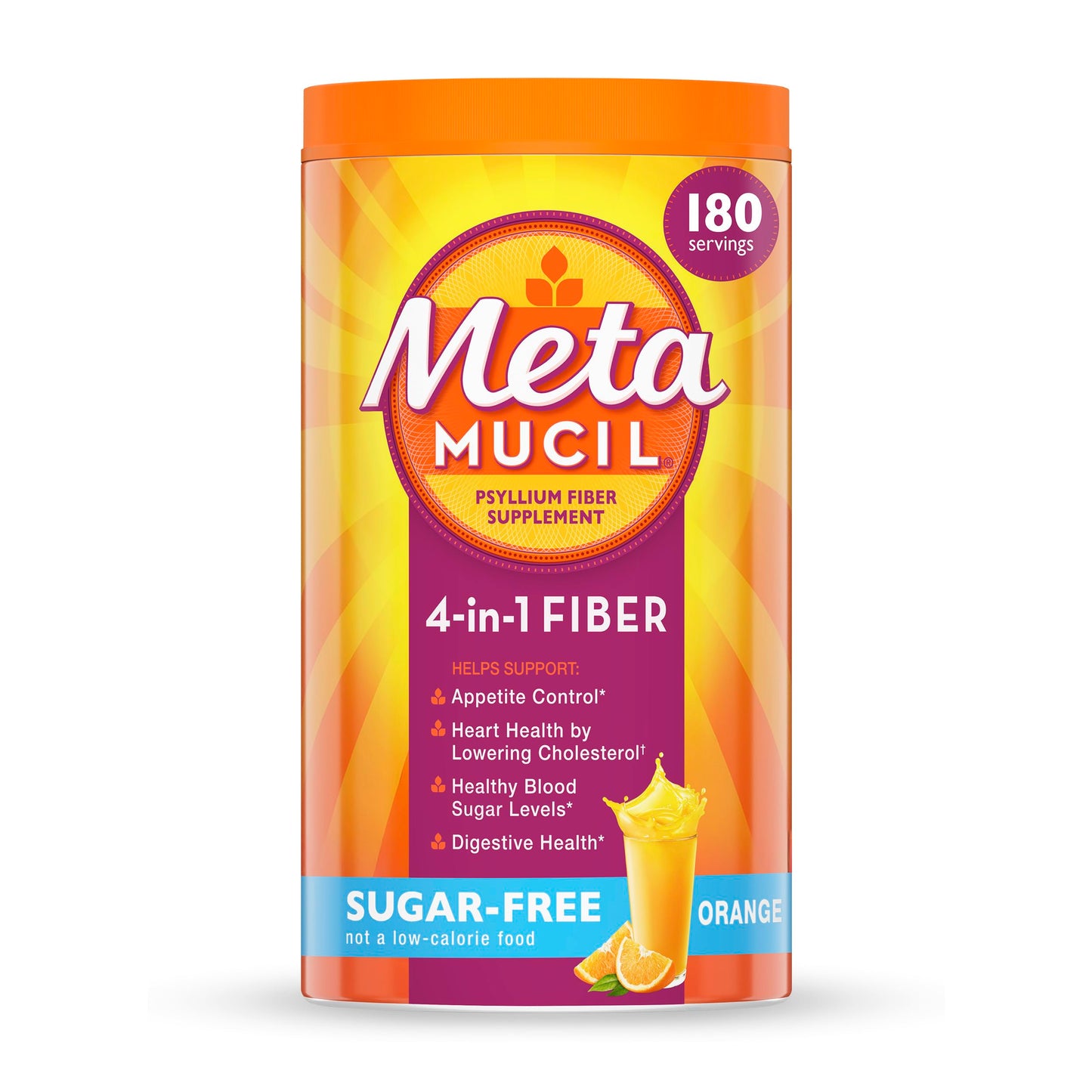 Metamucil 4-in-1 Psyllium Husk Friendly Fiber Supplement, Sugar-Free, 180 teaspoons, Orange Flavored, Daily Fiber Powder for Digestive Health
