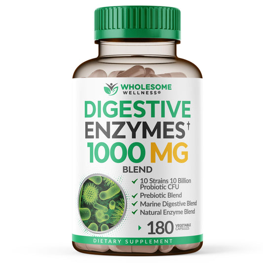 Wholesome Wellness Digestive Enzymes 1000MG Plus Prebiotics & Probiotics Supplement, 180 Capsules, Organic Plant-Based Vegan Formula for Digestion