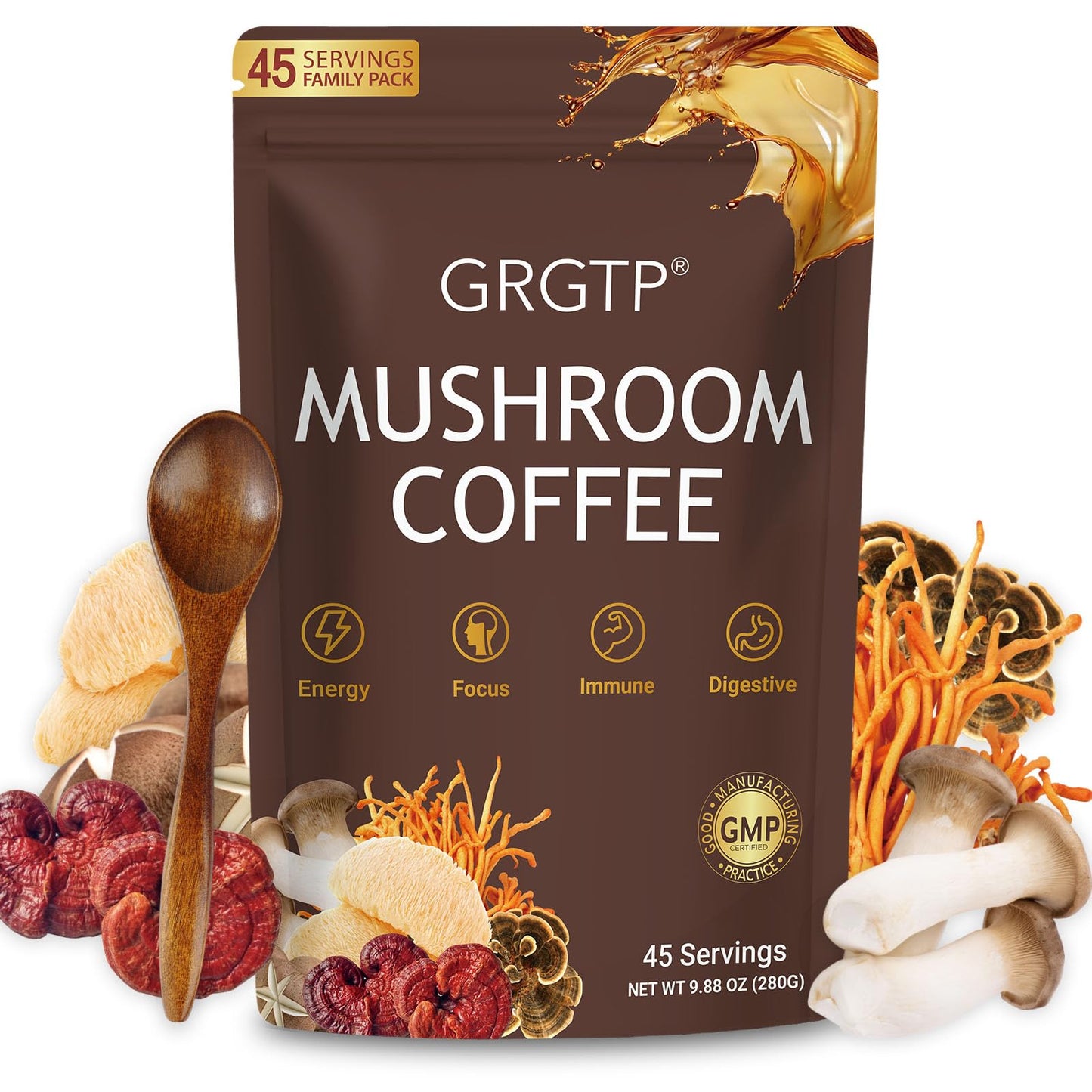 GRGTP Mushroom Coffee - Superfood Blend with 6 Adaptogens (Cordyceps, Lion's Mane, Reishi Other) | Jitter-Free Energy, Enhanced Focus, Digestion & Immunity Support |